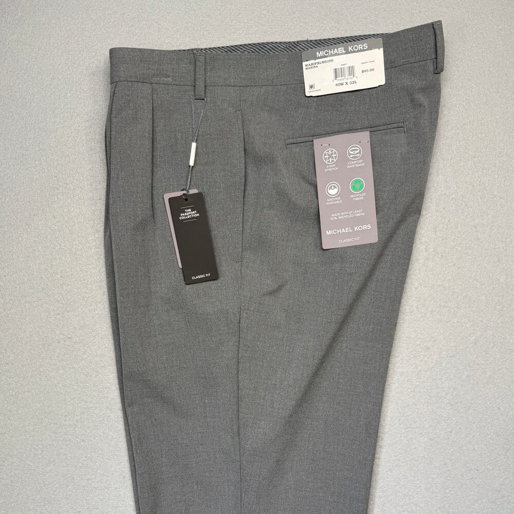 Michael Kors Men's Pleated Solid Classic Fit Pants Grey 40x32 $98
